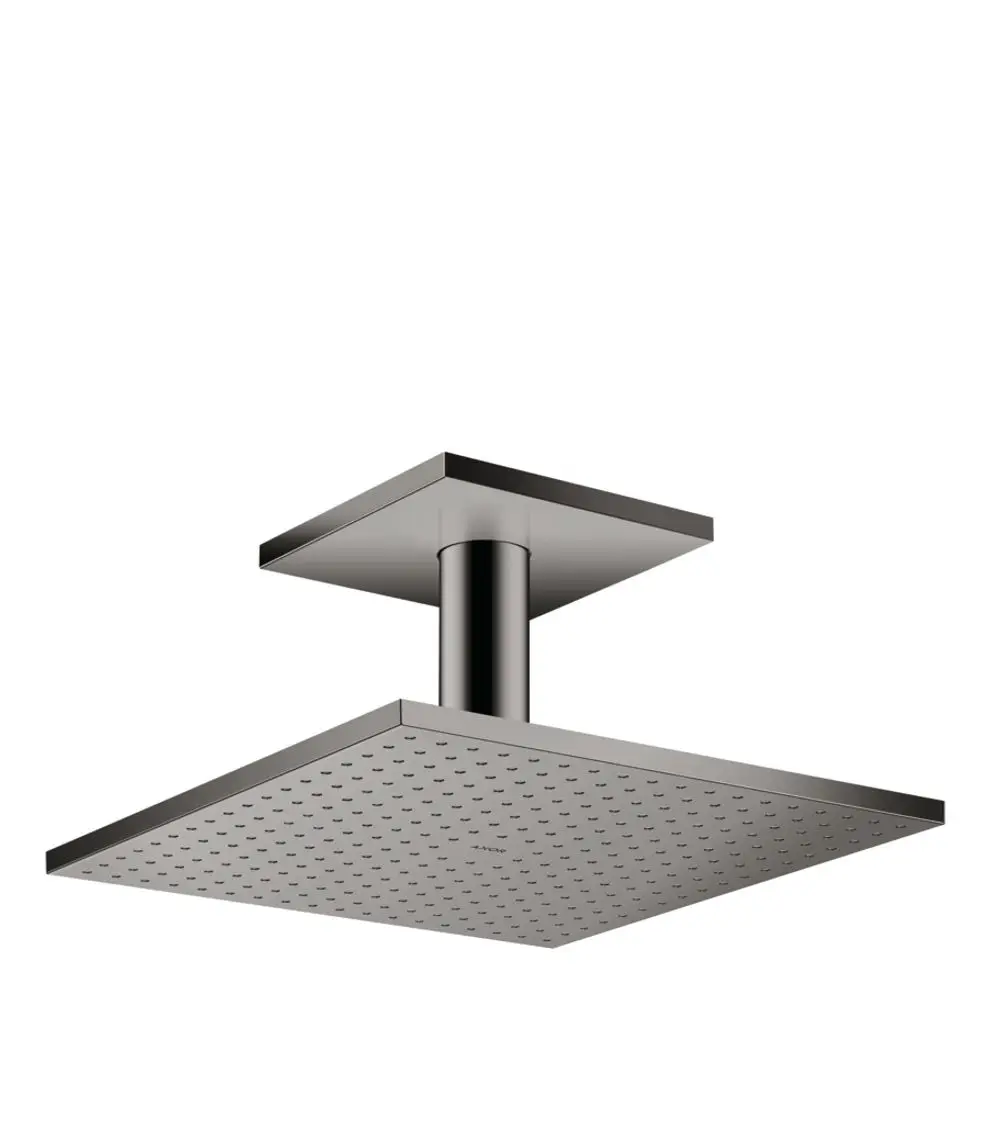 Duschkopf mit quadratischem Design und Deckenanschluss in Polished Black Chrome. Hersteller AXOR, ausgestattet mit mehreren Wasserstrahloptionen.